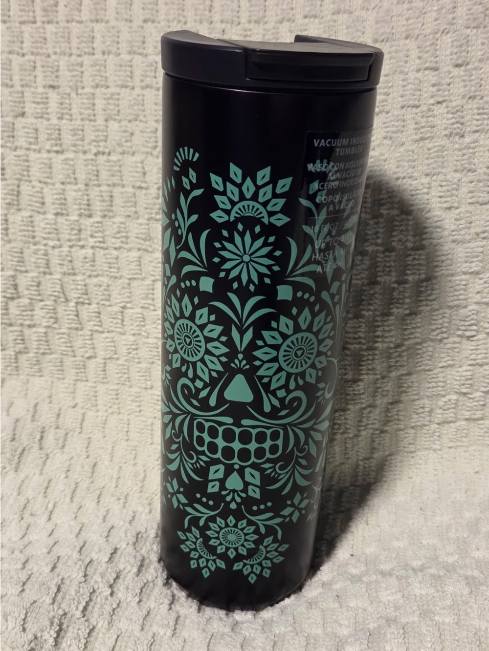 Starbucks Black Tumbler with Teal Floral Skull Motif